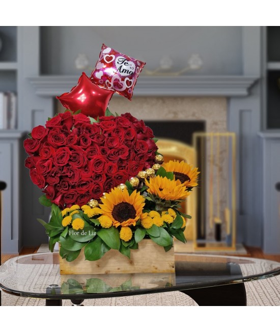 ADRIEL EN ROSAS Y GIRASOLES+2 GLOBOS PEQUEÑOS+FERREROX8